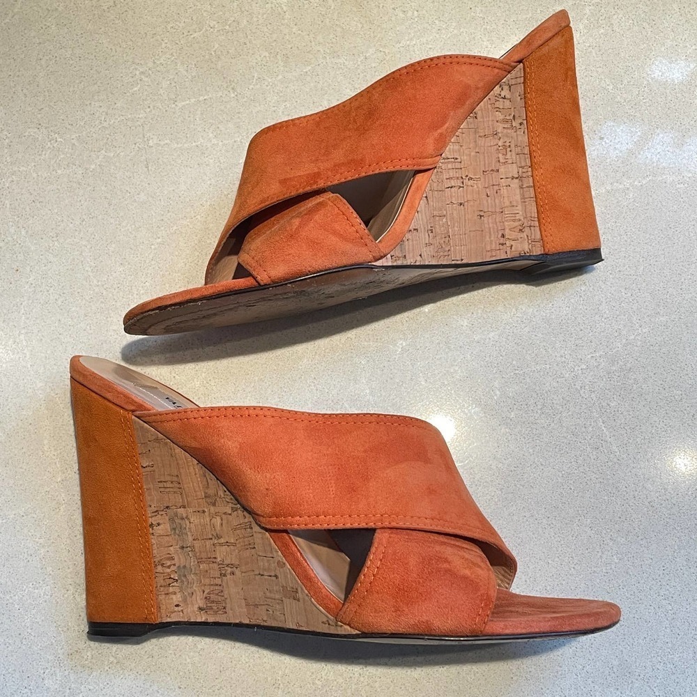 Valentino Crossover Wedge Heels 38 8 Orange Rust Suede Cork Slides Sandals